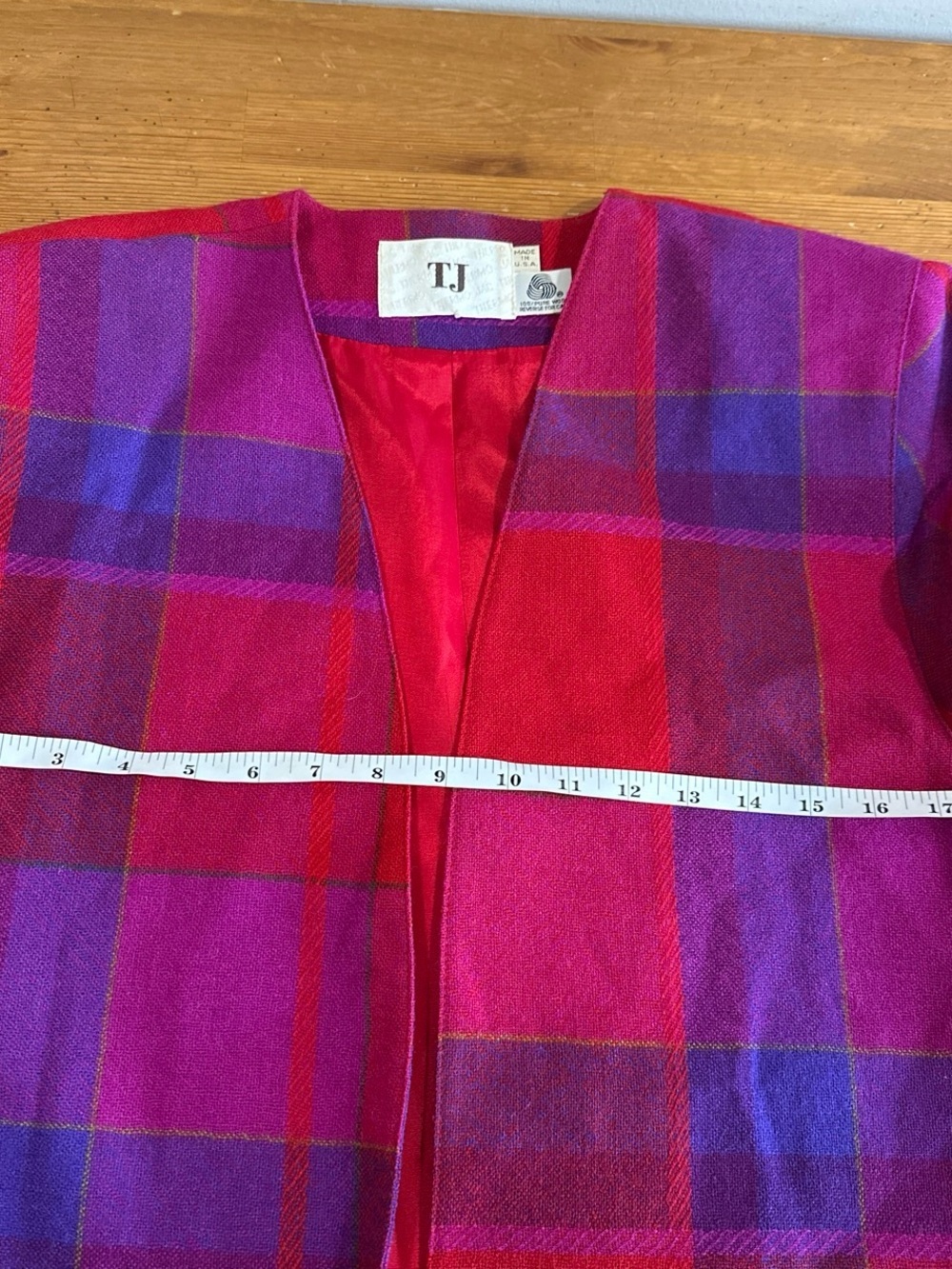 Thermo Jac Blazer 100%Pure Wool VintageOpen-Front Plaid Blazer in Red and Pink - Picture 9 of 15